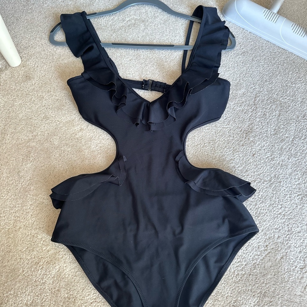 Aerie Black One Piece Swimsuit with Ruffles and Cut-Outs
